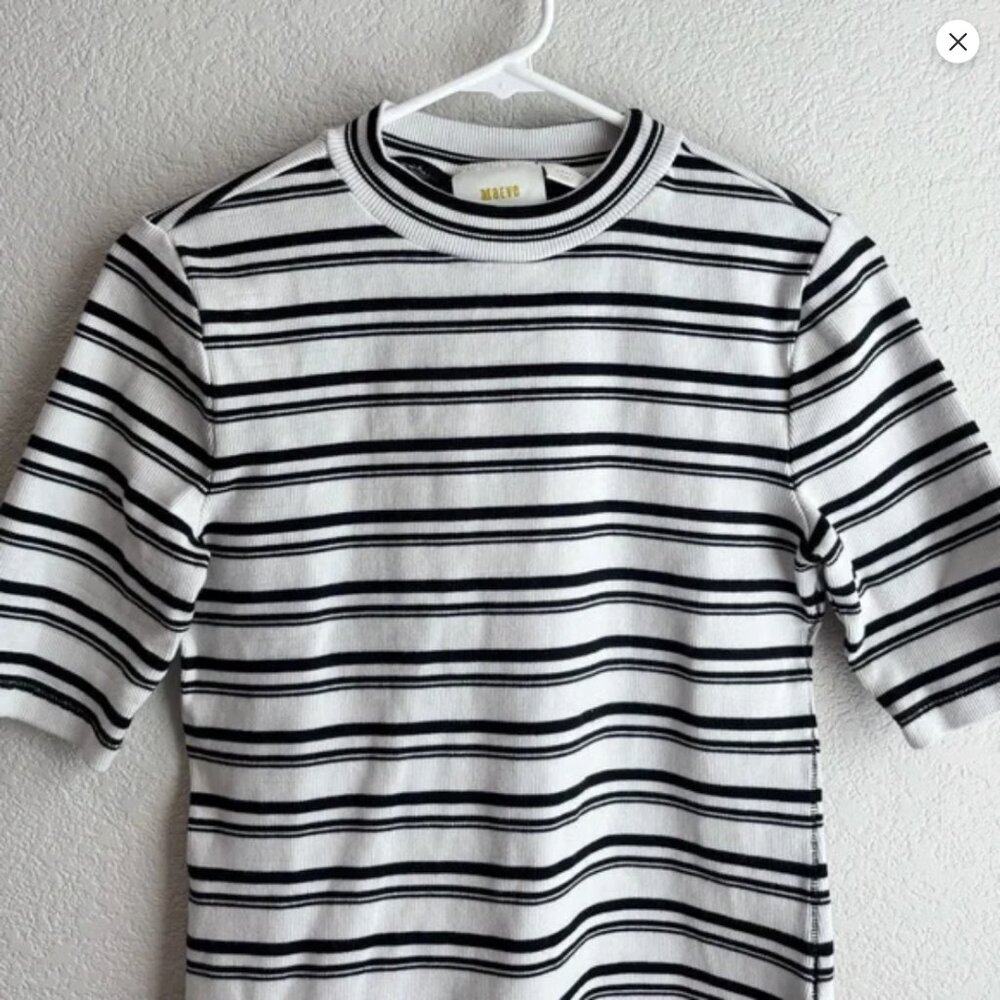 Maeve Anthropologie mock neck ribbed striped short sleeve top Small S - Picture 2 of 6